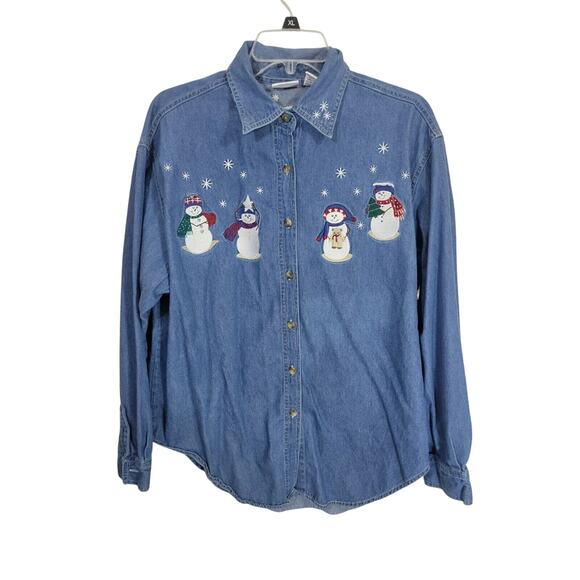 Carolina Blues Blue Denim Embroidered Snowman Button Down Shirt Women's Size 16 - Picture 1 of 10